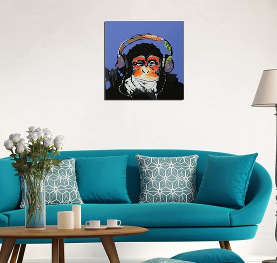 Fokenzary 100% Hand Painted Oil Painting on Canvas Pop Art Cute Gorilla Listening to Music with Headphone with Frame Ready to Hang - Image 3
