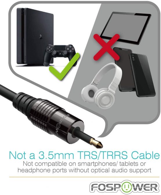 FosPower 0.9M Gold Plated Toslink to Mini Toslink Digital Optical S/PDIF Audio Cable with Metal Connectors & Strain-Relief PVC Jacket - Image 3
