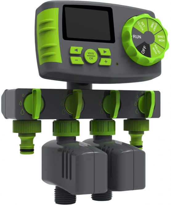 Garden Watering Computer Automatic 4-Zone Water Hose Timer with 2 Solenoid Valve Irrigation System Controller, Green&Grey