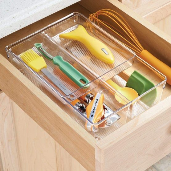 mDesign 2-Piece Kitchen Drawer Organiser for Kitchen Utensils and Tools - Cutlery Tray and Kitchen Utensil Holder - 2 Sliding Trays with 2 Compartments Each - Clear - Image 3
