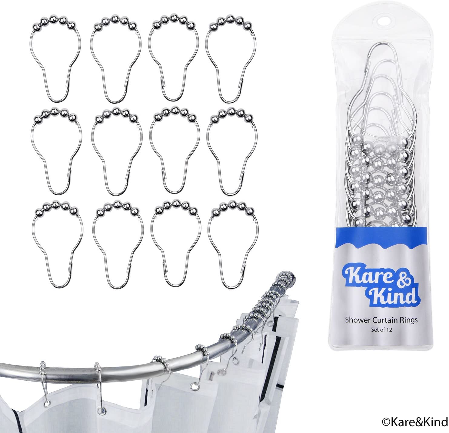 Shower Curtain Rings, Set of 12, Friction Free Gliding Rollers, Rust Proof Stainless Steel