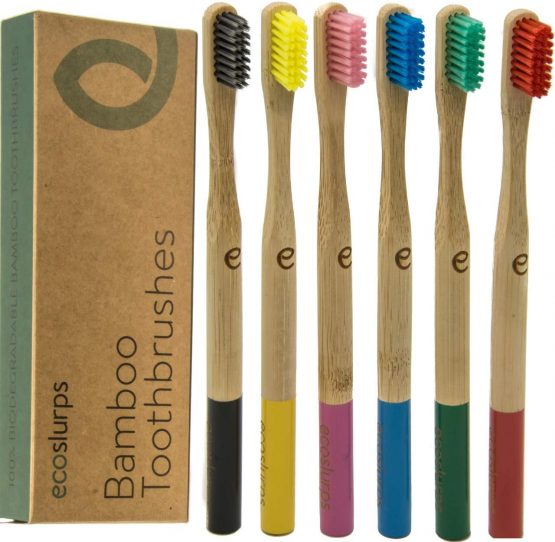 6 Bamboo Toothbrushes Medium Bristles | EcoSlurps | Premium Adult Manual Wooden Toothbrush Family Multipack | Eco Friendly & Plastic Free | Tree Planted with Each Sale (6, Multicolour)