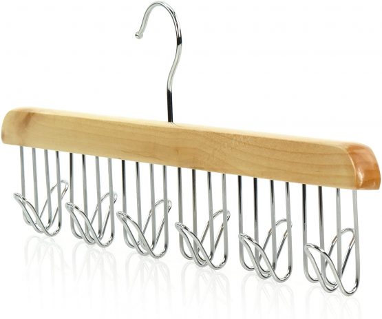 HANGERWORLD Natural Wooden Belt Tie Jewellery Accessory Space Saving Organiser Hanger with Metal Hook