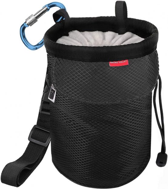 Rhino Valley Climbing Chalk Bag, No Leak Drawstring Closure Bag with Adjustable Belt, Carabiner Clip and Zippered Pockets for Climbing, Gymnastics, Cross Fit, Weight Lifting & More