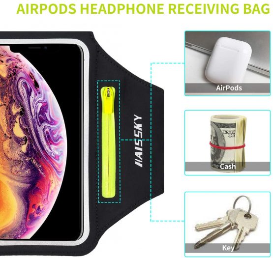 Running Armband with Airpods Zipper Pocket Cell Phone Armband Holder Water Resistant Sports Gym Case Fits iPhone 12 Pro Max/11 /11Pro/XR/XS Max/8,Galaxy S30/S20 with Touchscreen&Car Key Holder 6.7" - Image 2