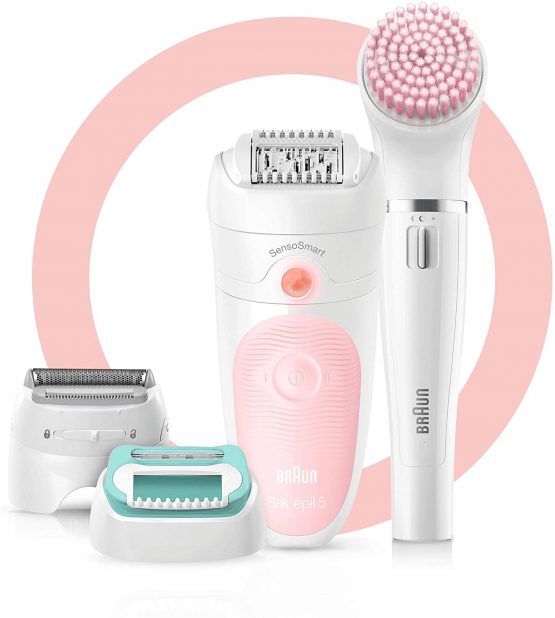 Braun Silk-épil 5 Beauty Set, 4-in-1 SensoSmart Epilator For Hair Removal, With Lady Shaver & Trimmer Head, Facial Cleansing Brush, Wet & Dry, 100% Waterproof, UK 2 Pin Plug, 5-875, White/Pink