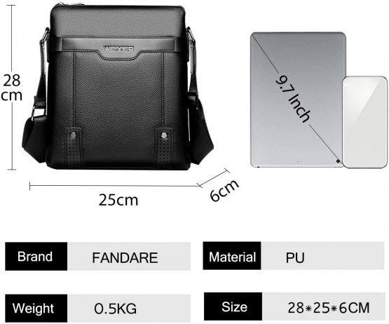 FANDARE Men's Shoulder Bag Messenger Crossbody Satchel Office Work Bag Fits iPad 9.7 inch Tablets Waterproof Travel Bookbag Black - Image 3