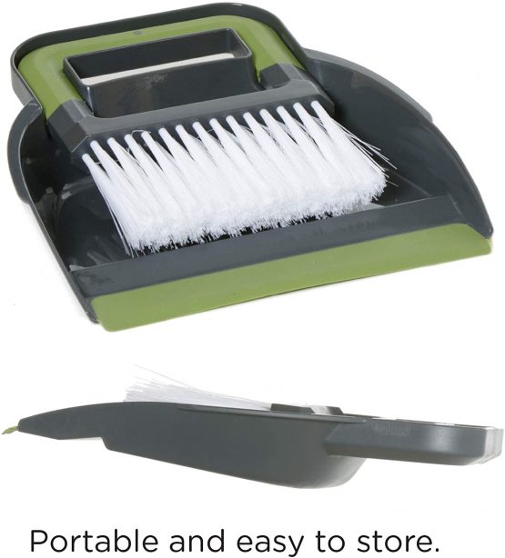 CleanPEAK Mini Portable Dustpan and Brush Set with Soft Grip Handle - 21cm x 19cm x 3cm – Grey / Green - Image 3