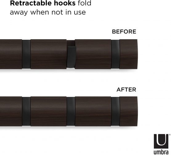 Umbra 5 Flip Wall Mounted Floating Rack – Modern, Sleek, Space-Saving Hanger with Retractable Hooks to Hang Coats, Scarves, Purses and More, Black/Walnut - Image 4