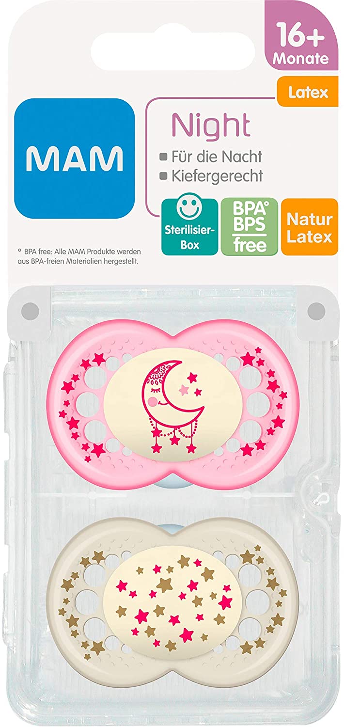 MAM Night Latex Dummy Set of 2, Luminous Baby Dummies, Orthodontic