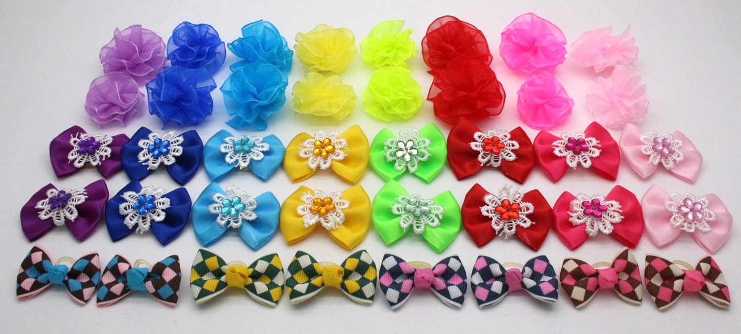 HOLLIHI 40pcs / 20 works Adorable Grosgrain Ribbon Pet Dog Hair Bows with Rubber Bands - Image 4
