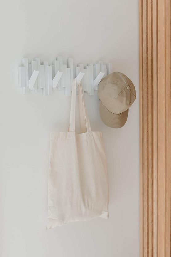 Umbra Sticks Multi Hook Coat Rack - Modern, Unique, Space-Saving Wall Mounted Coat Hanger with 5 Flip-Down Hooks for Hanging Coats, Scarves, Purses and More, White - Image 3