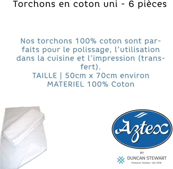 aztex Plain Cotton Tea Towels, 100% Cotton, Pack of 6, 170gsm, White - Image 4