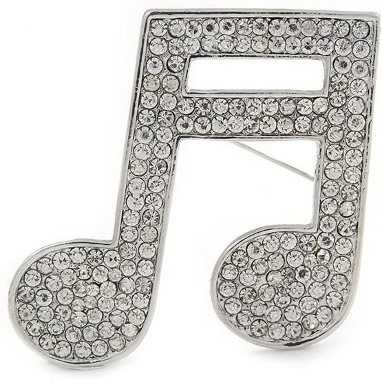 Avalaya Silver Plated Pave Set Clear Crystal Musical Note Brooch - 35mm