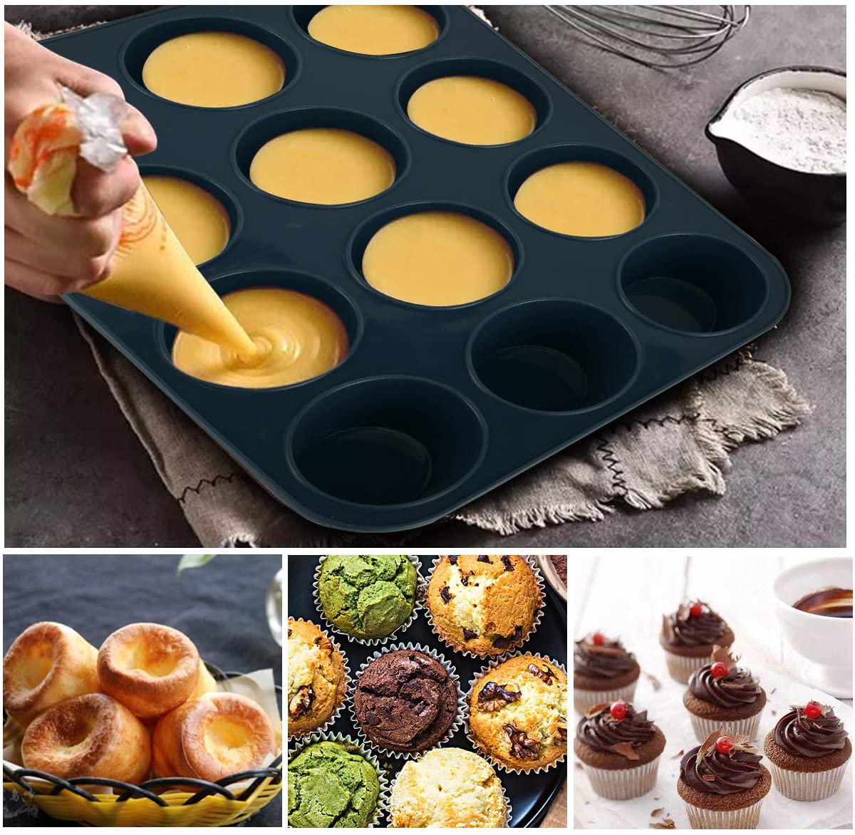 SUPER KITCHEN Set of 2 Large Muffin Tray 12 Cup Silicone Muffin Pan, Non-Stick Muffin Cupcake Tin - Image 4