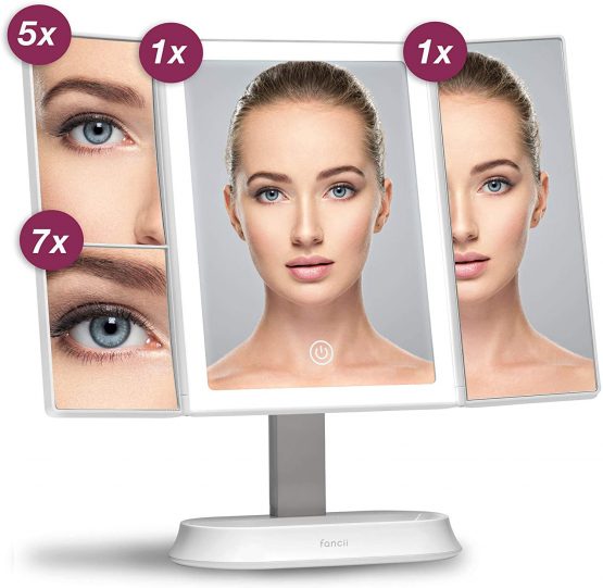 Fancii LED Makeup Mirror with 3 Light Settings, Rechargeable Trifold Vanity Mirror with 5x / 7x Magnifications - Dimmable, Ultra Reflective Glass, Touch Sensor, Cosmetic Stand (Zora) - Image 3