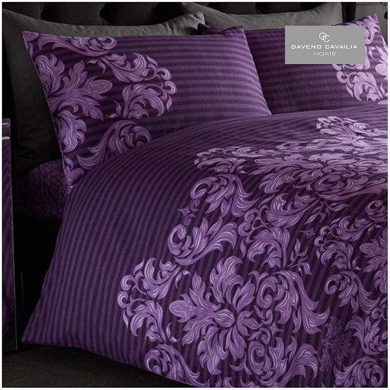 Printed Duvet Cover, Polycotton Bedding Set, Quilt Covers, Empire Damask Purple, Double - Image 3