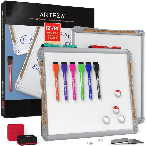 Arteza Framed Magnetic Cork Whiteboard Set, 12x14 inches, 2-Pack Dry Erase Lap Boards with Push Pins, Markers & Magnets for School, Home, Office, Planning, Brainstorming, & Projects