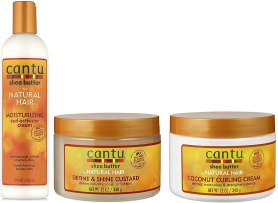 Cantu Shea Butter Moisturizing Curl Activator Cream 12oz with Define & Shine Custard12oz & Coconut Curling Cream 12oz BUNDLE