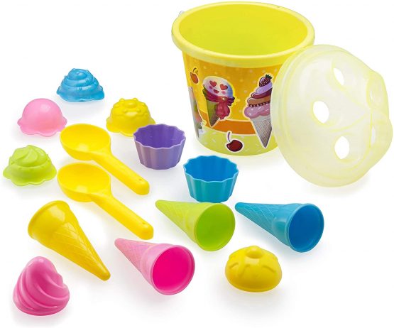 Top Race Beach Set, Ice Cream and Cake Series Mould Set, 14 Piece Set with Large 9 Inch Ice Cream Bucket, Yellow or Blue (Yellow) - Image 2