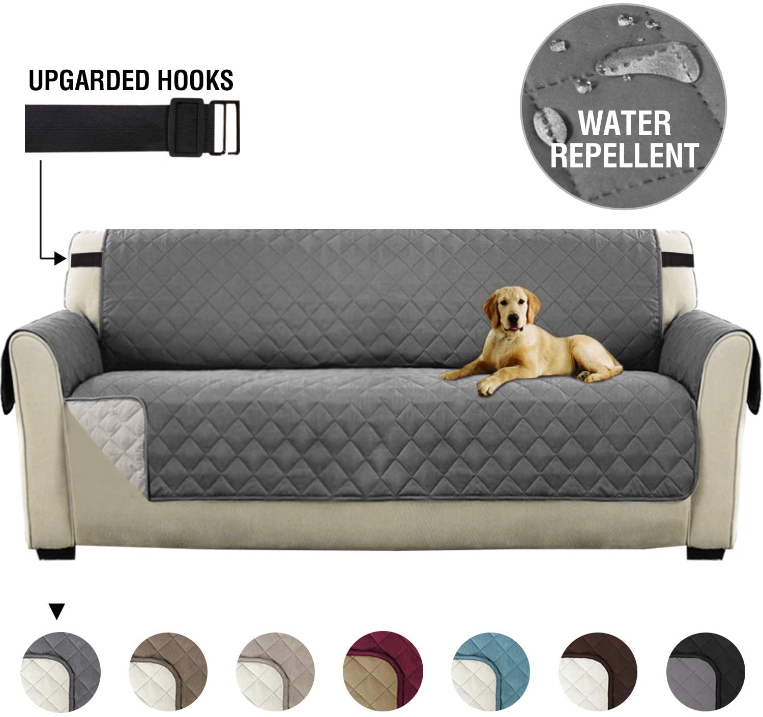 H.Versailtex Sofa Cover for Pets Water Resistant Sofa Slipcover 3 Seater for Kids Machine Washable Quilted Sofa Couch Covers with Adjustable Elastic Straps(Grey/Beige)