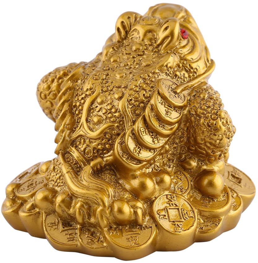 Walfront Lucky Money Frog Toad Golden Chinese Frog Feng Shui Toad Treasure Basin Statue with Coin Attract Wealth and Good Luck (65×60×50mm-Brass) - Image 3