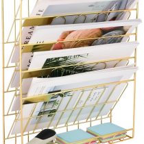EasyPAG 6 Tier A4 Metal Wire in Tray Hanging Wall File Holder Mail Organiser Magazine Storage Rack,Gold