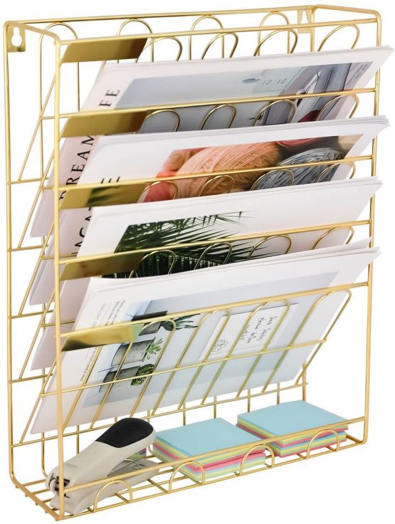 EasyPAG 6 Tier A4 Metal Wire in Tray Hanging Wall File Holder Mail Organiser Magazine Storage Rack,Gold