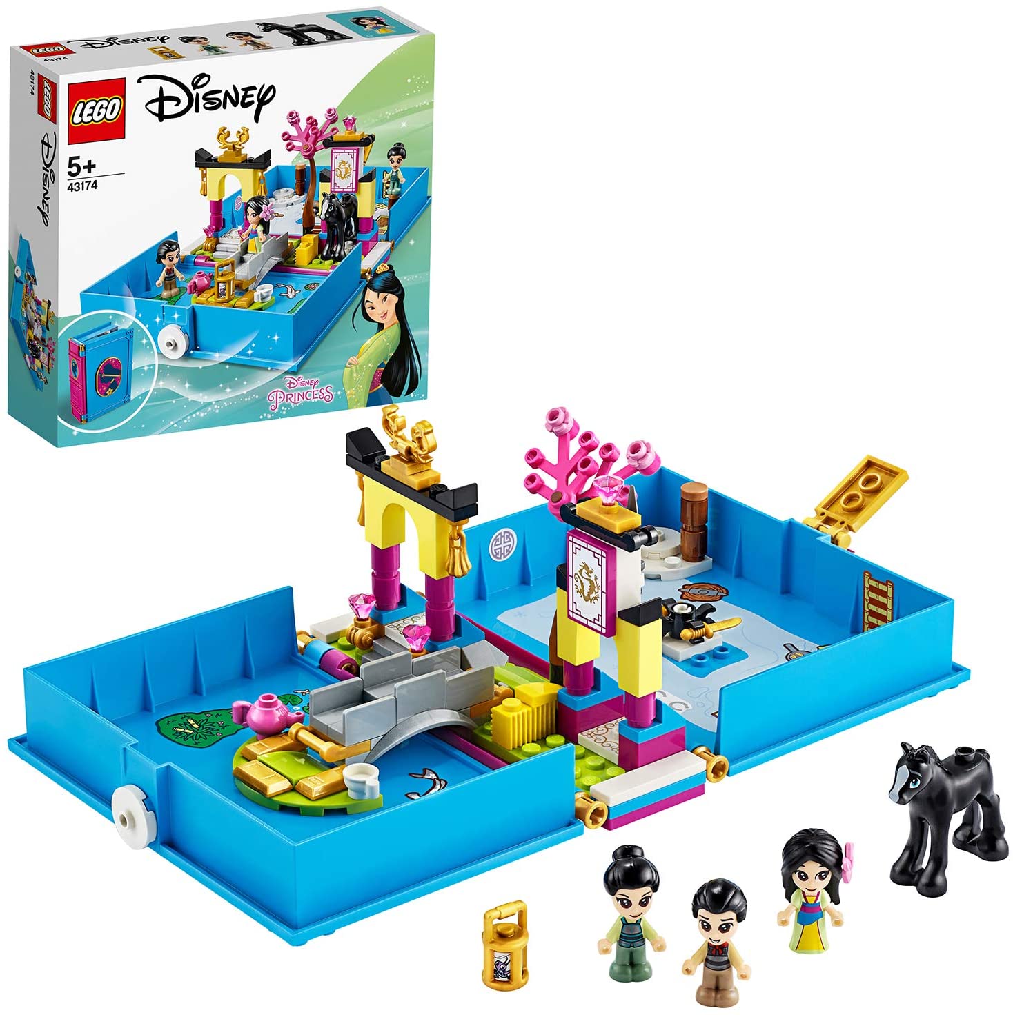LEGO 43174 Disney Princess Mulan's Storybook Adventures Playset with Khan the Horse Figure, Portable Travel Case Toy