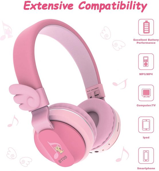Headphones, Riwbox BT05 Wings Kids Headphones Wireless Bluetooth Over Ear 85dB/103db Volume Control Children Foldable Headphones with Mic/TF Card Compatible with Tablet/PC/Smartphone/School (Pink) - Image 4