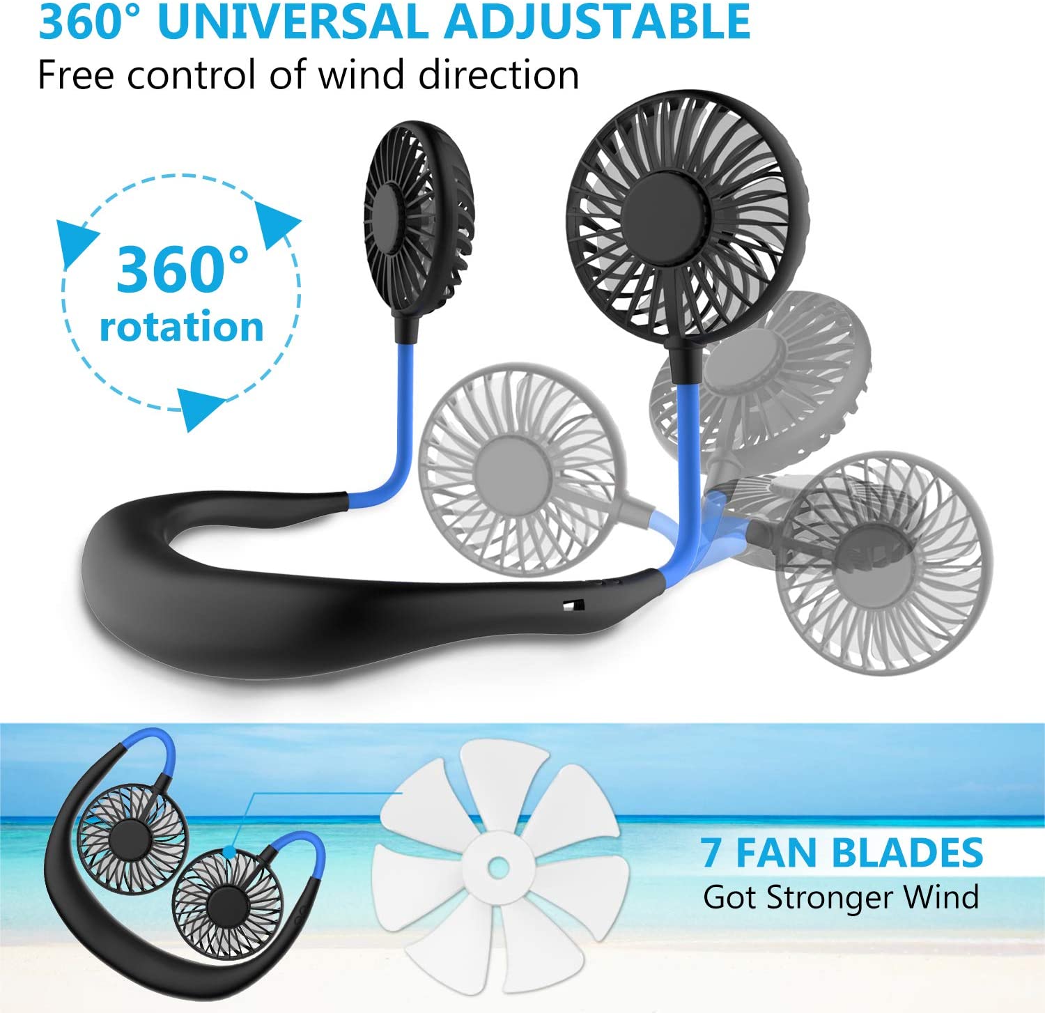 ITSHINY Neck Fan, Portable Fan, Mini USB Fan, Rechargeable Neck Fan, Dual Head Air Cooler 3 Speeds for Outdoor Camping Office Room - Image 4