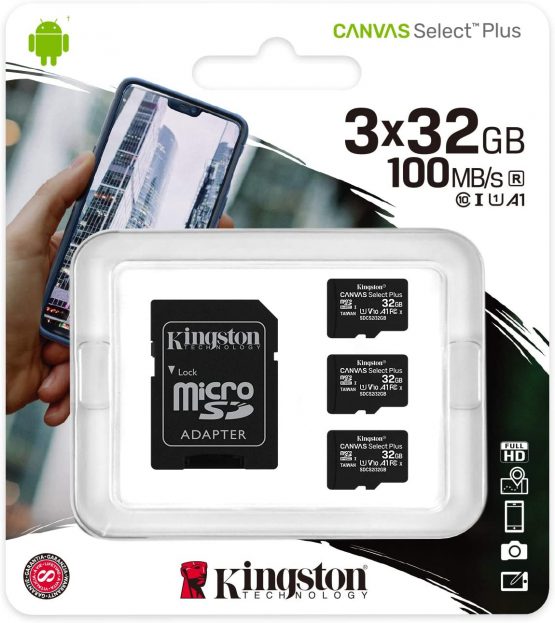 Kingston Canvas Select Plus microSD Card SDCS2/32 GB-3P1A Class 10 (3 x cards, SD Adapter Included)