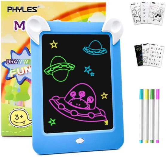 PHYLES Magic Drawing Board, Portable Writing Board, Handwriting Toys for Kids, Draw, Sketch, Art, Educational Toys and Gifts, Includes 10 Stencils, 4 Drawing Pens, 1 Cleaning Cloth (new blue)