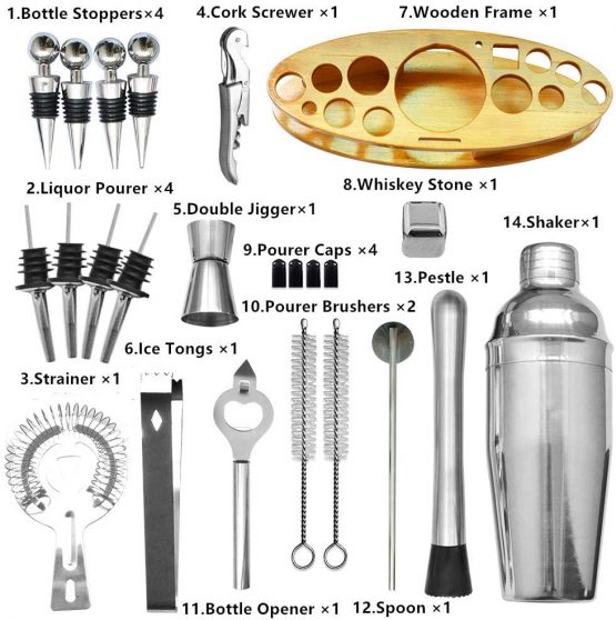AYAOQIANG Cocktail Mixing Set, 23 Pieces Cocktail Shaker Set for Bartender, 750ml Stainless Steel Bar Tool Kit with Bamboo Display Stand,Kitchen and Bar Cocktail Making Set - Image 3