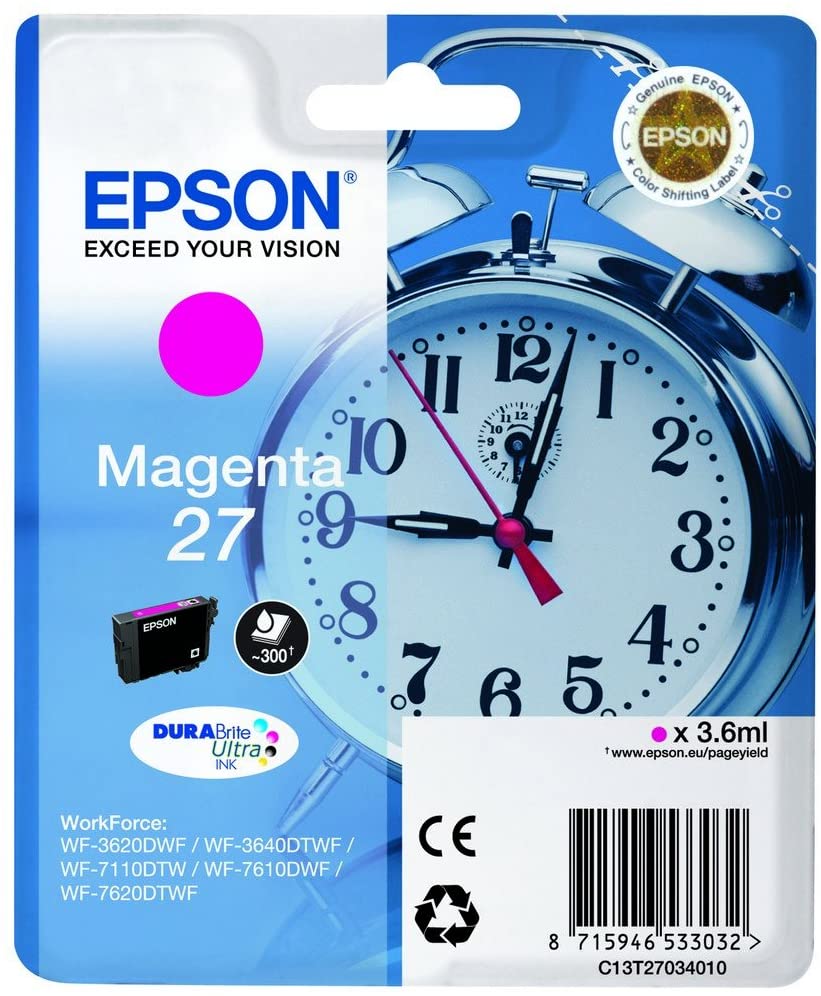 Epson 27 Magenta Alarm Clock Genuine, DuraBrite Ultra Ink Cartridge, Standard Capacity, IND Magenta