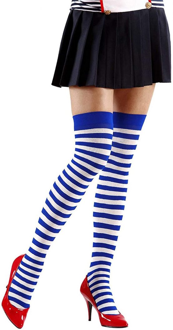 Striped Over Knee Socks 70 - White/Blue Accessory for Lingerie Fancy Dress