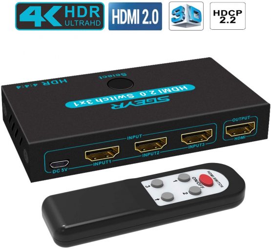 HDMI Switch 2.0 SGEYR HDMI Switcher 3 In 1 Out HDMI Splitter with IR Remote Control Support 4K @ 60Hz HDCP2.2 HDR 3D 1080P for PS4 Pro Xbox PC