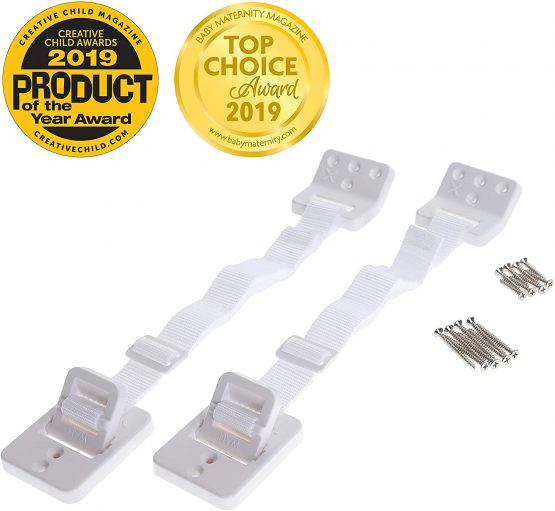 Dreambaby Hinged Anti-Tip Furniture Strap Wall Anchors - 2 Pack - White - Model F1428