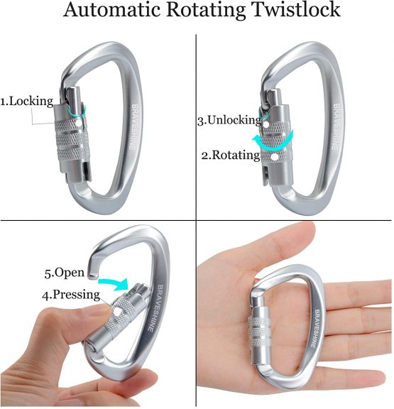 BRAVESHINE 2 Pack Twist Locking Carabiner Clips Heavy Duty, 12KN Auto Locking Aluminum Carabiner, Super Durable D Lock Carabiner Hook for Camping, Hammocks, Dog Leash, Rappelling, Swing - Image 2