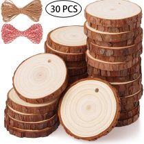 Fuyit Wood Slices 30 Pcs 5-6cm Drilled Hole Natural Unfinished Log Wooden Circles for DIY Crafts Wedding Decorations Christmas Ornaments with Free Gifts