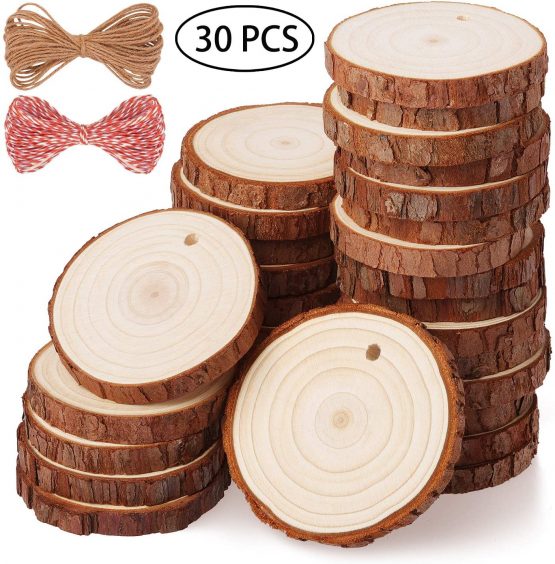 Fuyit Wood Slices 30 Pcs 5-6cm Drilled Hole Natural Unfinished Log Wooden Circles for DIY Crafts Wedding Decorations Christmas Ornaments with Free Gifts