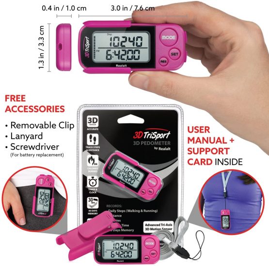 Realalt 3DTriSport 3D Pedometer, Accurate Step Counter with Clip and Strap - Image 4