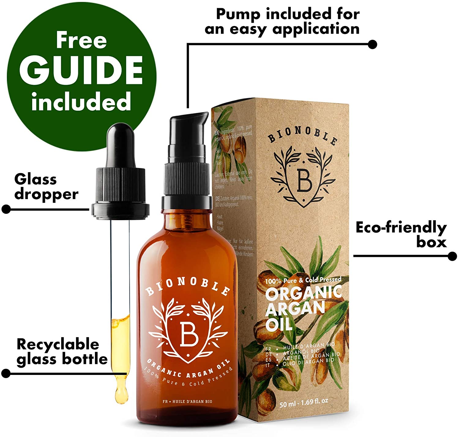 BIONOBLE Organic Argan Oil for Hair, Cold Pressed in Morocco, Nourishes, Repairs and Anti-Aging - Image 3