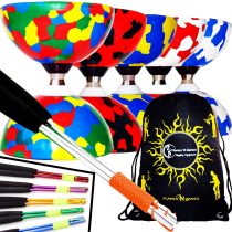 Juggle Dream JESTER Ball Bearing Pro Diabolo Set + Matching Metal Ali Diabolo Handsticks, Diablo String + Diabolos Travel Bag. (Black/Red Diabolo + Blue Handsticks)