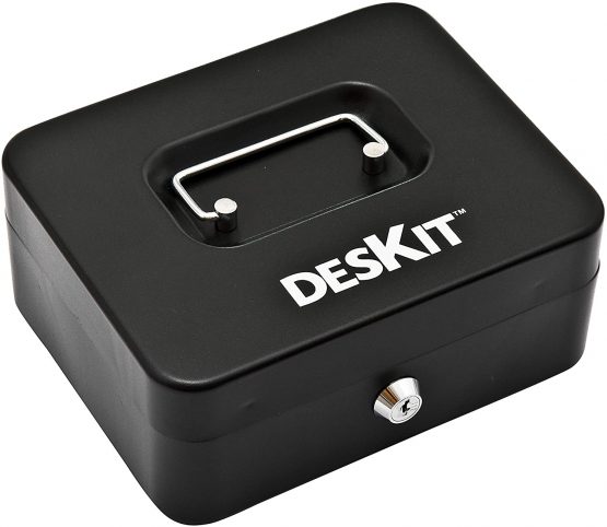 Deskit 6 Inches Cash Box with 2 Keys and Cash Tray for Petty Cash – Keeping Your Money Safe On The Go (Black)