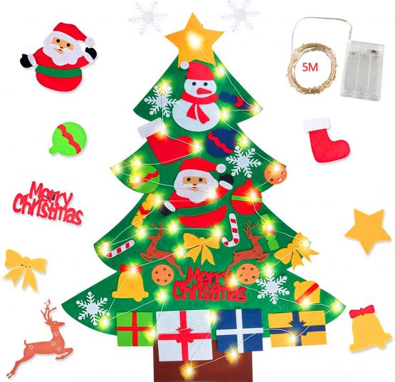 Xndryan Felt Christmas Tree, 3.28ft DIY Christmas Tree Felt Xmas Tree with LED String Lights 30Pcs Ornaments, Wall Mount Christmas Tree Children's Felt Christmas Tree, Funny Xmas Gifts for Kids