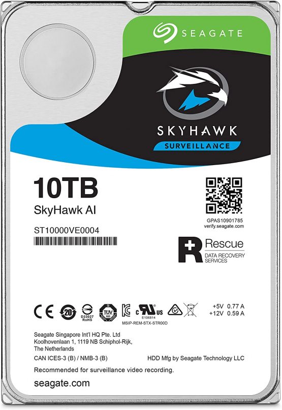 Seagate 10 TB SkyHawk AI Surveillance 3.5 Inch Hard Drive ST10000VE0008 (SATA 6Gb/s/250MB/7200 RPM)