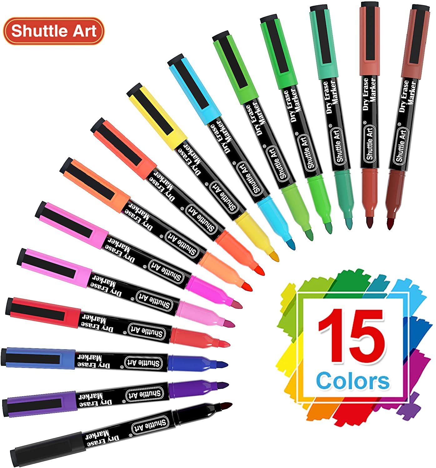 Shuttle Art Whiteboard Markers, 15 Colours Magnetic Whiteboard Pens with Eraser - Image 2