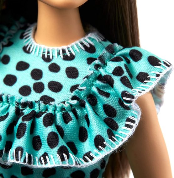 ​Barbie Fashionistas Doll #149 with Long Brunette Hair Wearing Graphic Black & Aqua Polka-Dot Dress, Purple Sandals & Sunglasses, Toy for Kids 3 to 8 Years Old - Image 4