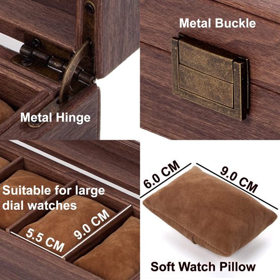 Readaeer Watch Storage Box, Watches Case, Watch Box made of PU Leather in Wood Grain and Wood Plastic Plate, with Real Glass Top (Brown, Small-6 Slots) - Image 4